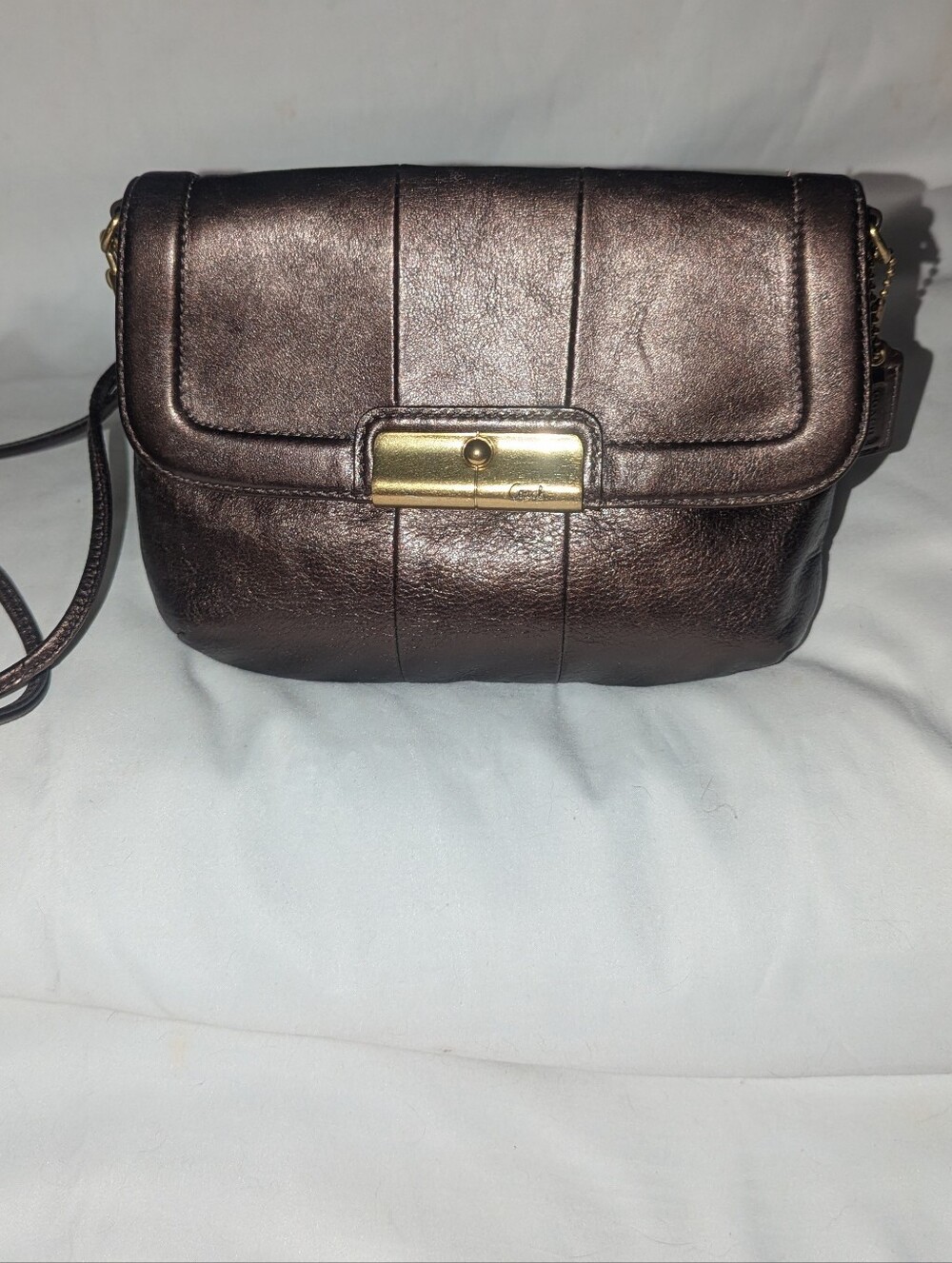 Coach Kristin Metallic Bronze Leather Flap Crossbody Bag with Gold Hardware